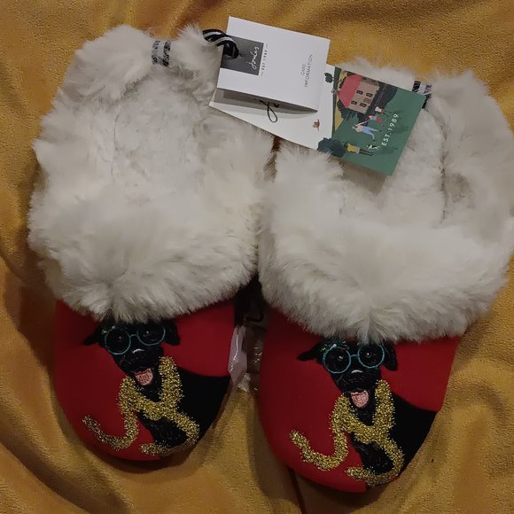 Joules Womens Slippet Luxe Red Fleece Lining Scuff Xmas Dog Slippers - Picture 1 of 5